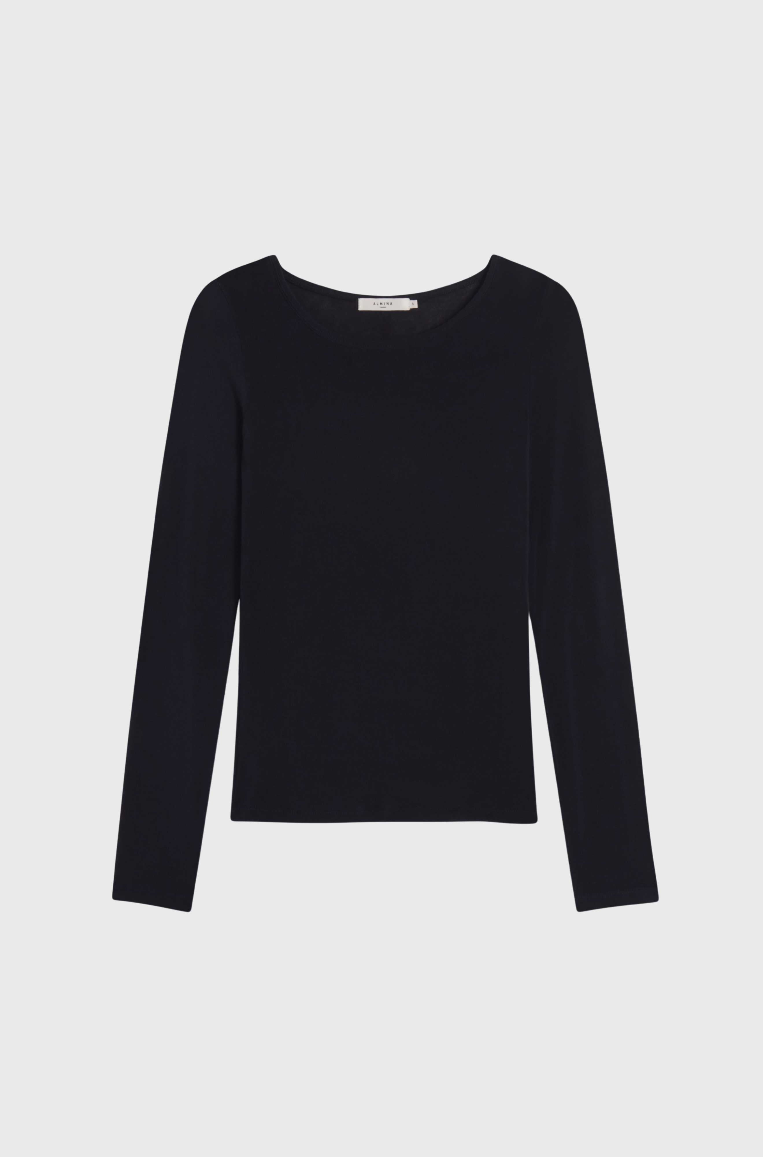 Dark blue long-sleeve top on a white background