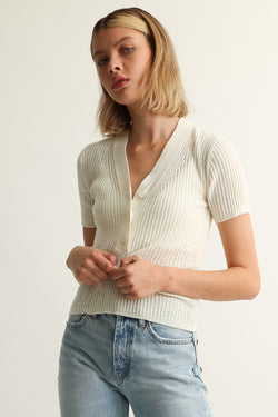 Short Sleeve V Neck Ribbed Knit - Almina Concept