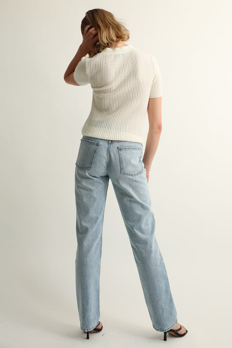 Short Sleeve V Neck Ribbed Knit - Almina Concept