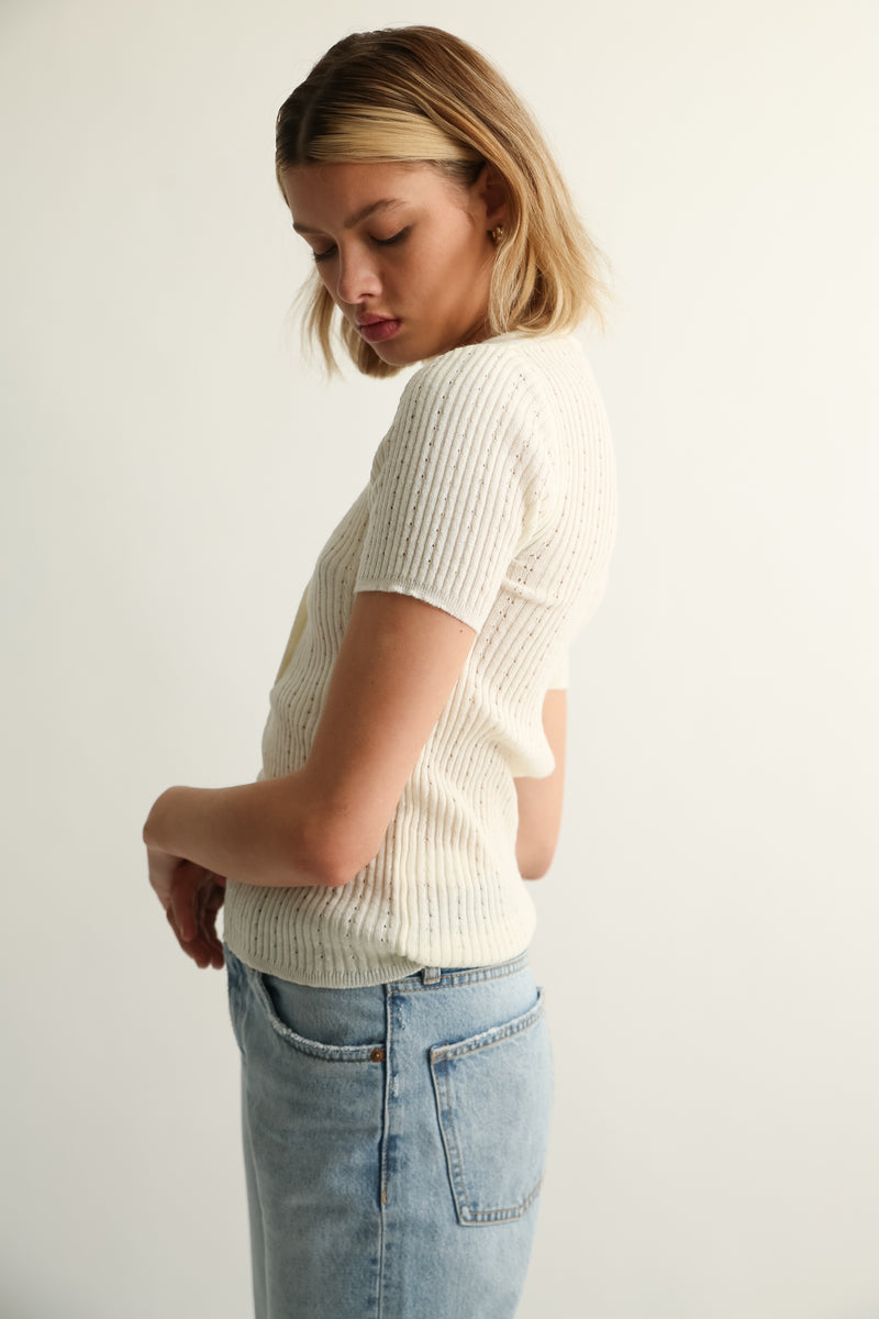 Short Sleeve V Neck Ribbed Knit - Almina Concept