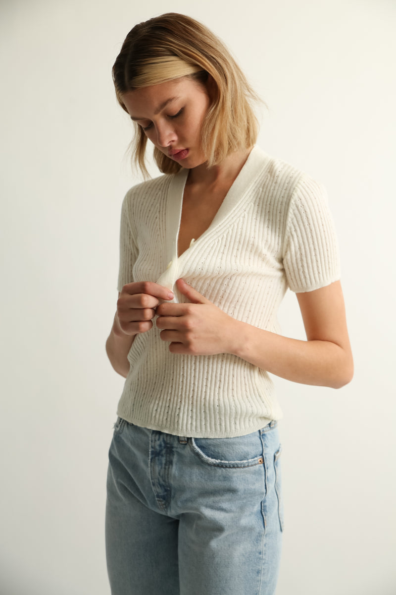 Short Sleeve V Neck Ribbed Knit - Almina Concept